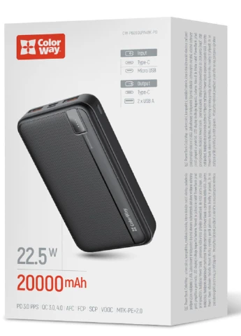 Повербанк для телефона 20000 mAh черный (2 x USB-A / Type-C) с быстрой зарядкой PD 22.5W Colorway High-power (358807146)
