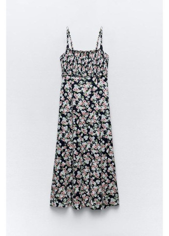 Синя квітчаста сукня міді з льоном Zara