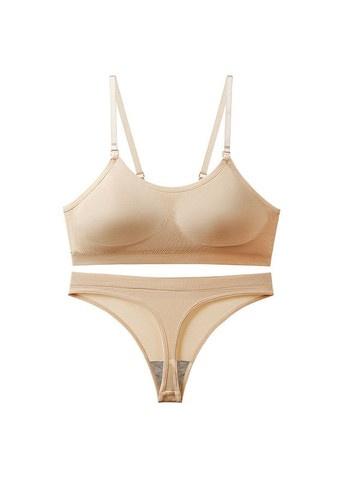 Бежевий демісезонний комплект білизни жіночий топ бюстгальтер труси стрінги honey fashion accessories s/m чорний (2-184) No Brand