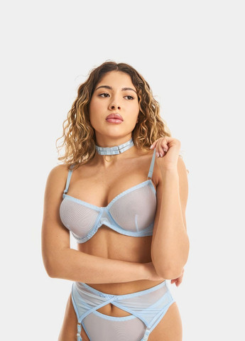 Голубой демисезонный комплект нижнего белья в сеточку с поясом прозрачный голубой No Brand