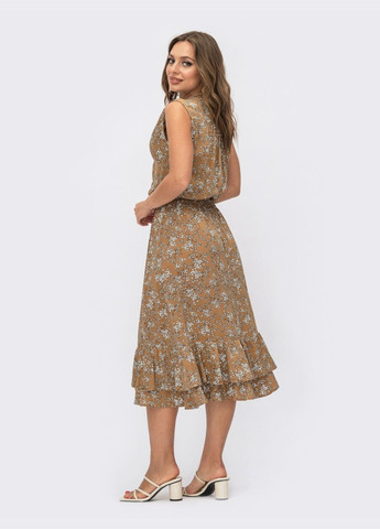 Коричневое кэжуал коричневое платье с v-образным вырезом и эластичным поясом Dressa с цветочным принтом