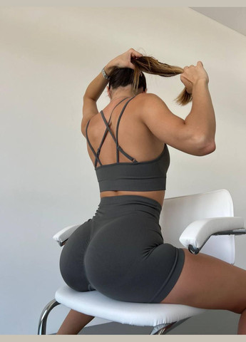 Спортивный костюм (топ на бретелях и шорты) с пуш-ап эффектом темно-серого цвета, размер S Trends (330757115)