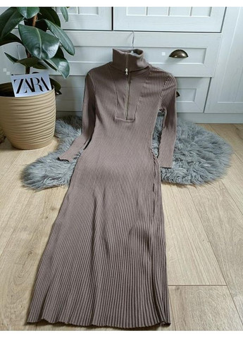 Коричневое платье в рубчик меди с молнией Zara