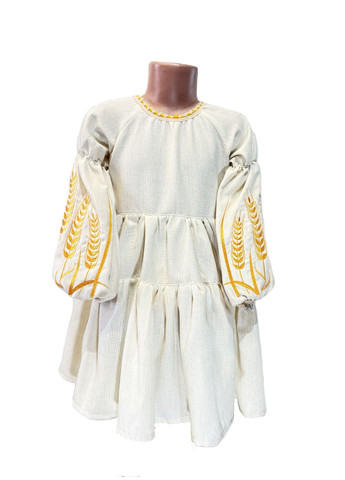 Бежевая льняное вышитое платье для девочки колосочки бежевое НоКо узор цветочный лен (327223678)