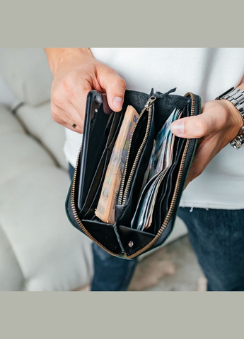 Мужской кожаный кошелек, вместительный кошелек с отделениями на молнии, Crazy Horse, зеленый No Brand (362177412)