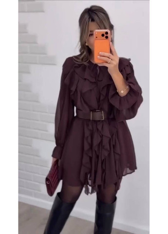 Коричнева ділова, повсякденний, кежуал, вечірня жіноча сукня з поясом кльош No Brand однотонна