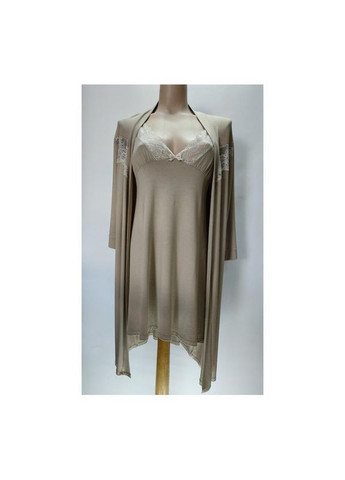 Бежевый демисезонный комплект из сорочки и пеньюара цвет молочный шоколад размер м EL