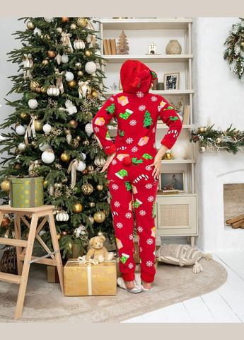 Красная всесезон теплая пижама с новогодним принтом попожама No Brand
