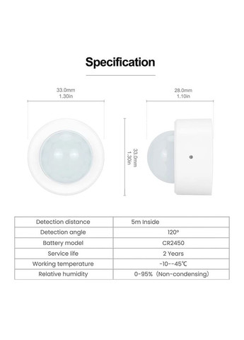 ZigBee3.0 мини PIR-датчик движения iHseno/Tuya, углы 120° до 5м, батарея CR2450 China (354827635)