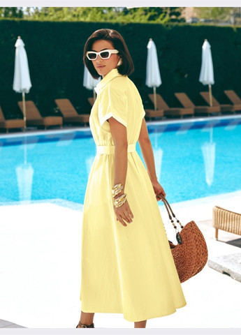 Желтое кэжуал платье-рубашка из жёлтого хлопка с резинкой на талии рубашка Dressa однотонное