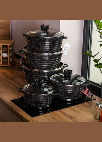 Набір каструль алюмінієвих 2,5/4/5/7/9 л з мармуровим покриттям, чорний MGC (322855541)