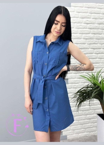 Синее льняное платье-рубашка без рукавов Fashion Girl
