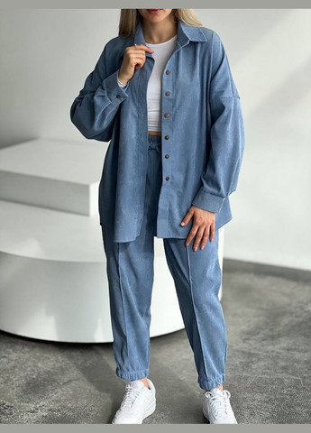 Шикарный синий качественный костюм двойка (рубашка+штаны) из микро-вельвета идеально подходящий для прогулки вечером No Brand 082-1 (285785927)