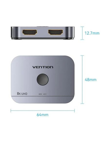 Switch HDMI 2.1 8K 60Hz 3D, HDCP HDR Dolby 7.1 перемикач двонаправлений 2 in 1 out Vention (315142599)