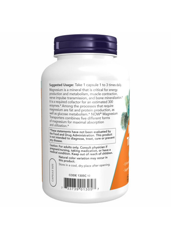 Добавка Magnesium Transporters - 180 vcaps Now Foods (280899501)