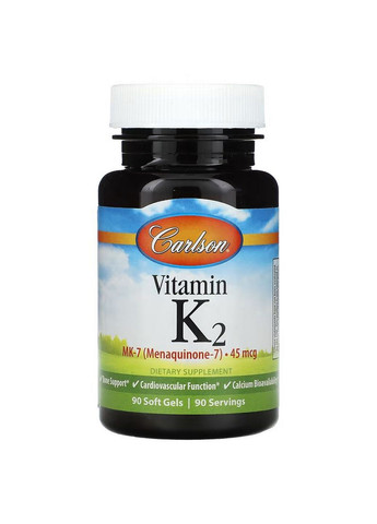 Вітаміни та мінерали Vitamin K2 MK-7 45 mcg, 90 капсул Carlson Labs (293479267)