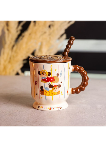 Новорічна порцелянова чашка "Весела Такса" з кришкою та ложкою 400 мл, Святкова кружка чашка для дітей на подарунок FM-17C Jooki (372010823)