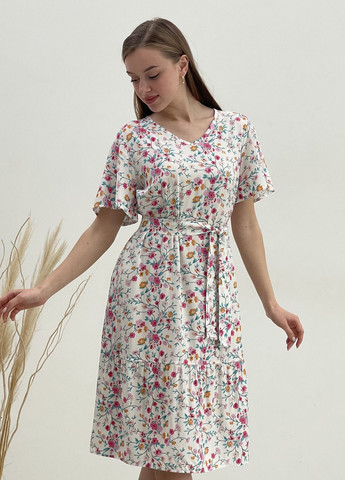 Белое коктейльное, пляжное, повседневный, кэжуал, вечернее летнее платье с пояском ниже колен в цветочек клеш Merlini с цветочным принтом