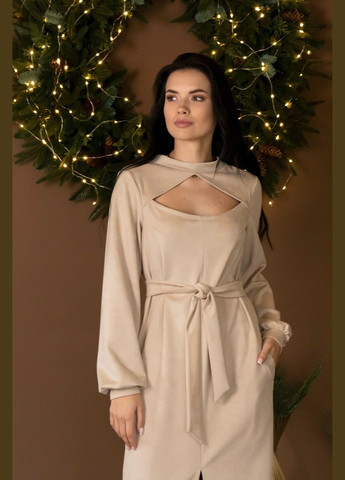 Кремова повсякденний трикотажна сукня міді прямий вільний силует з декоративною горловиною та пишним рукавом (пл 0722) RiMari