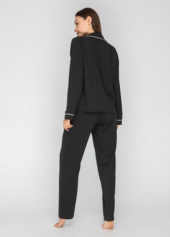 Чорна всесезон жіноча піжама сорочка з довгим рукавом і штани (чорний/білий кант) сорочка + брюки GorLin