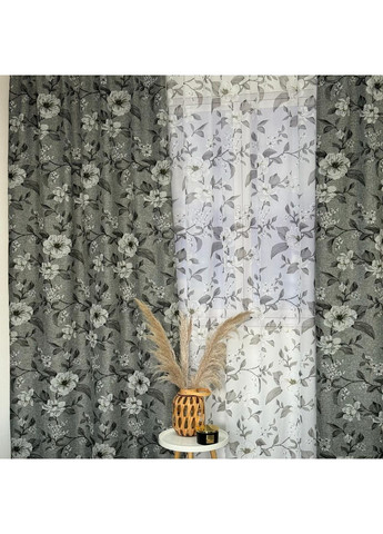 Елегантний комплект: штори (імітація льон) + тюль (батист) сірого кольору з квітковим малюнком. No Brand (370278958)