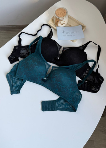 Смарагдовий мереживний бюстгальтер із формованою чашкою з тонкого поролону без кісточки колекції «класика» VIDCHUY