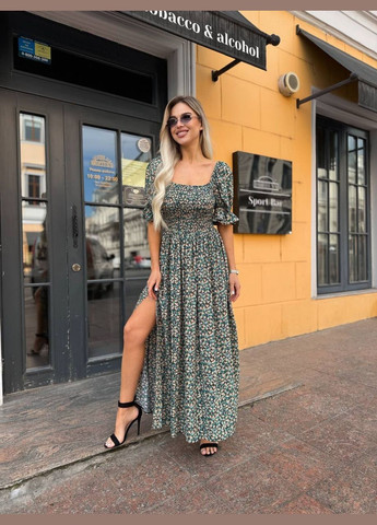 Темно-зеленое пляжное, праздничный, повседневный, кэжуал нежное легкое платье с разрезом Vakko с цветочным принтом