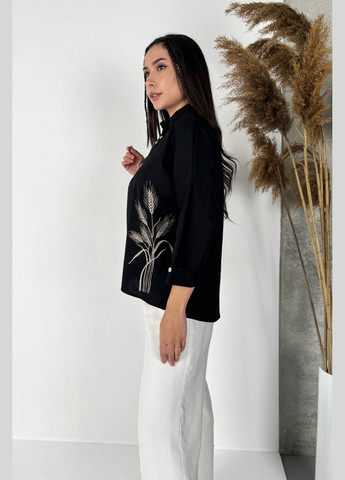 Чорна трендова вільна сорочка з дизайнерською вишивкою колоски INNOE Блуза