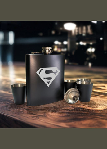 Набір чорна фляга з чарками "Superman", Дерев'яна подарункова коробка з гравіюванням BeriDari (293510199)