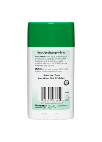 Дезодорант без запаху з алое та екстрактом насіння грейпфрута Deodorant Unscented 75 г NutriBiotic (362971351)