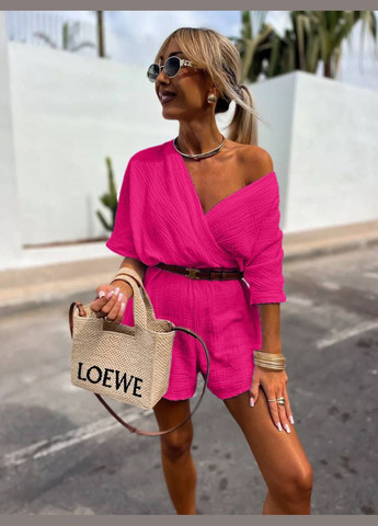 Женский комбинезон Україна комбинезон-шорты однотонный малиновый повседневный муслин