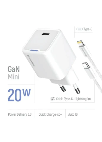 Зарядний пристрій для iPhone мережевий 20W USB-C з кабелем Lightning білий, швидка зарядка Colorway GaN Mini (402541432)