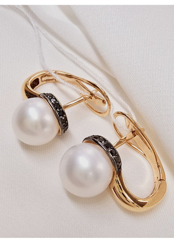 Золоті сережки з перлами та чорними фіанітами, червоне золото 585 проби 2191010101-1с SOVA jewelry house (355795750)