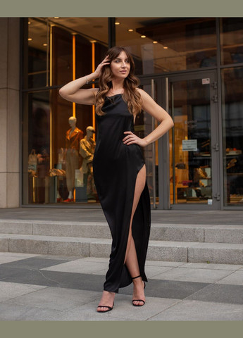 Чорна жіноча довга шовкова сукня з відкритою спиною та розрізом на нозі чорна Maybel