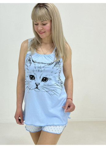 Блакитна всесезон жіночий комплект кіт - горошок (майка + шорти) pars 60-62 блакитний (50234853-5) Triko