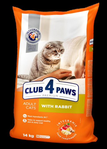 Сухий корм з Кроликом для дорослих кішок 14 кг CLUB 4 PAWS Клуб 4 Лапи Клуб 4 Лапы (278309770)