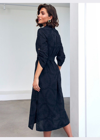 Черное кэжуал платье-миди из прошвы с поясом черное Dressa однотонное