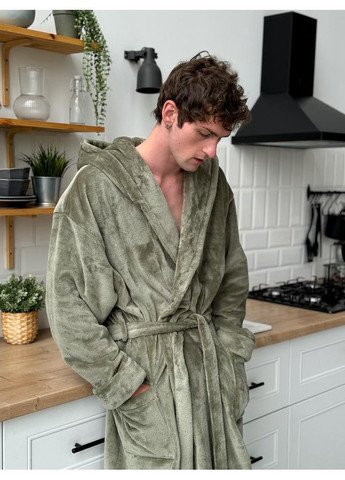 Мужской халат плюш с капюшоном, оливка - Oversize Lavender Dreams (368670433)