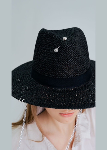 Шляпа женская на лето Федора с черный рафия с серебристой цепью и шпилькой D.Hats (283022815)