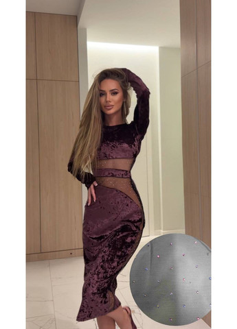 Сливовое женское бархатное платье с камнями No Brand