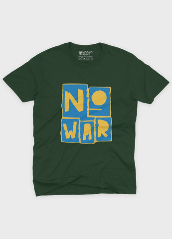 Темно-зелена літня жіноча футболка з патріотичним принтом no war (ts001-5-bog-005-1-126-f) Modno