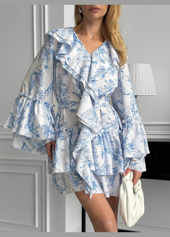 Білий шикарна повітряна сукня,біла з блакитним принтом в стилі бохо No Brand з квітковим принтом