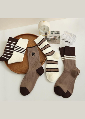 Комбинированные носки женские, высокие с рисунками, хлопковые, 35-40р. набор 5 шт, бело-коричневые (336386331)