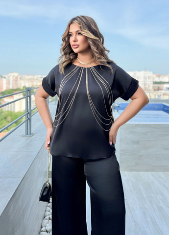 Шовковий костюм вечірній жіночий з поясом (блуза + брюки) No Brand (335762715)