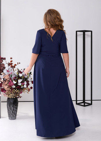 Темно-синя святковий, коктейльна, вечірня вечірня сукня максі з короткими рукавами та поясом дзвін, кльош, з відкритою спиною No Brand однотонна