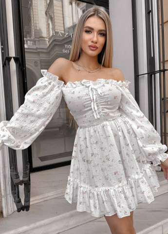 Молочна повсякденний сукня міні приталеного крою з довгим рукавом ліхтарик Tik-Tak з квітковим принтом