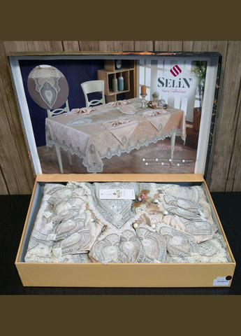 Велюрова скатертина з ранером Hurrem Set 160×300+12 серветок Бежева Selin (338425284)