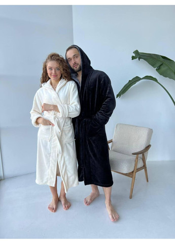 Махровий халат з капюшоном і кишенями / Теплий махровий халат жіночий молочний / Домашній халат махровий No Brand (366571667)