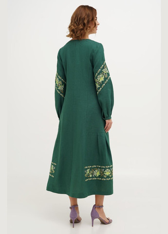 Зеленое льняное макси платье-вышиванка праздничное под пояс с цветами и карманами мальованка. серый, р.56, код 0434/56/133 ГАЛЕРЕЯ ЛЬОНУ