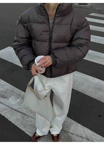 Темно-коричневая зимняя куртка пуфер дорогая плащевка+ наполнитель пух, с карманами Україна